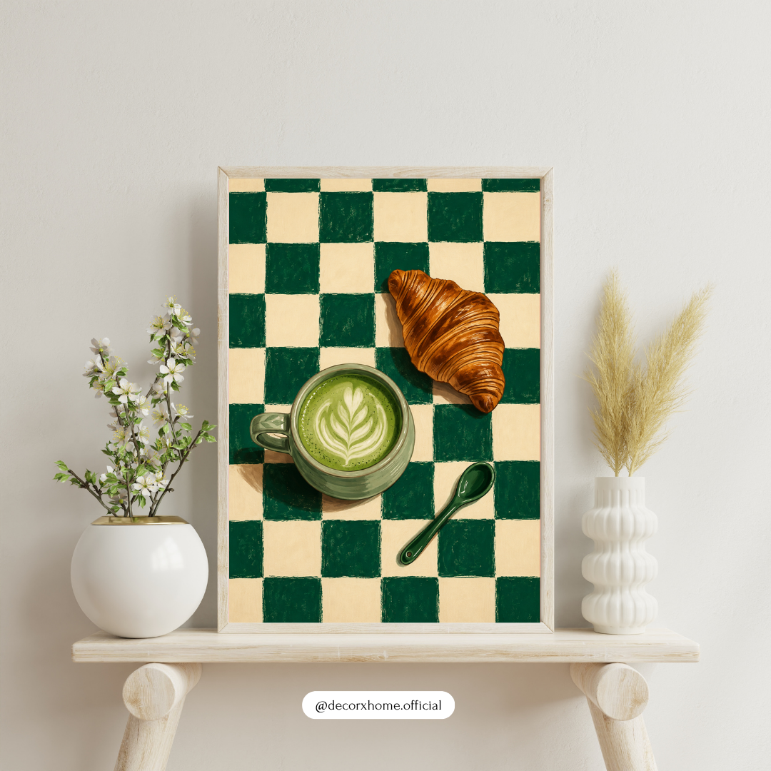 Green Checkerboard Matcha & Croissant Wall Art
