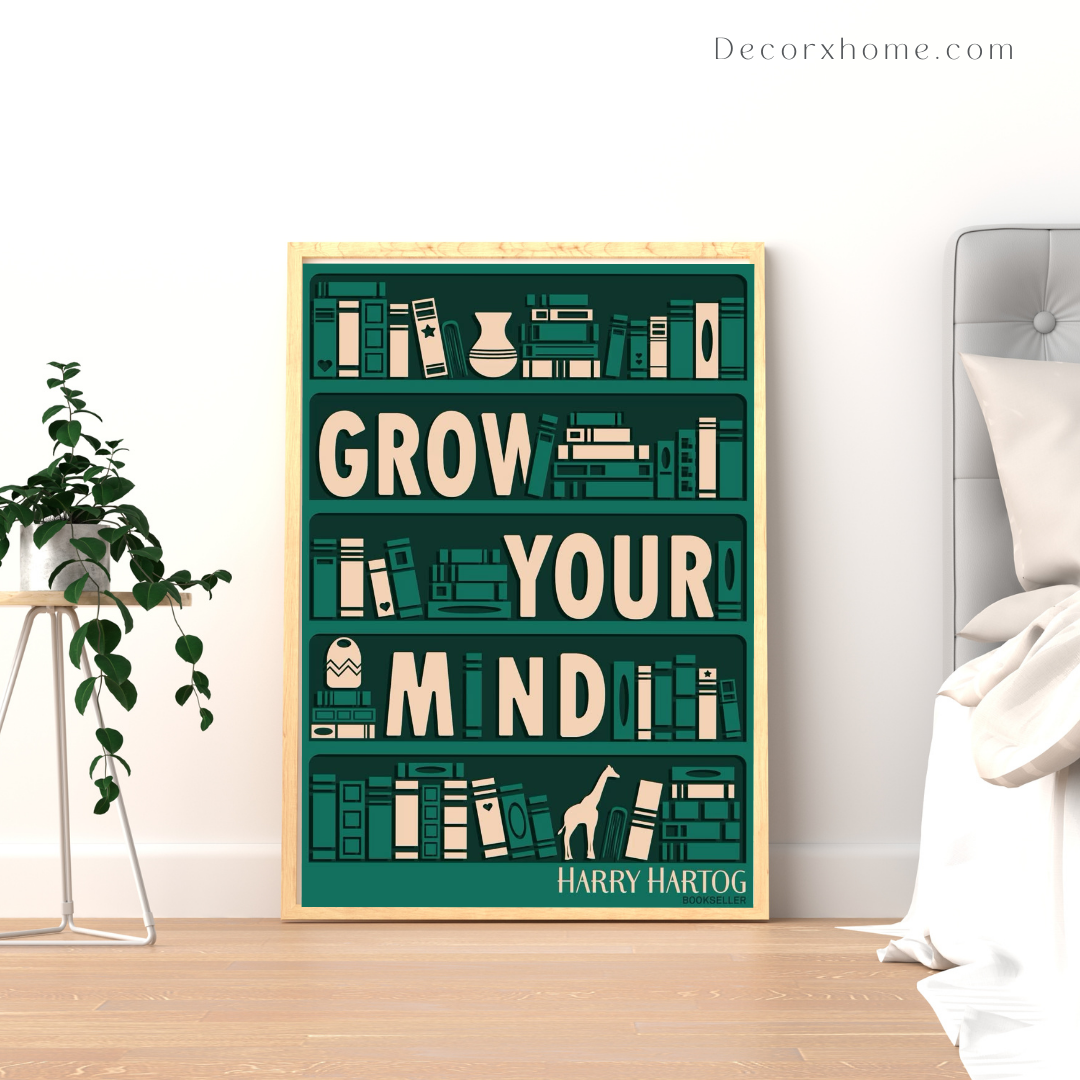 Grow Your Mind – Minimalist Bookshelf Inspirational Wall Poster