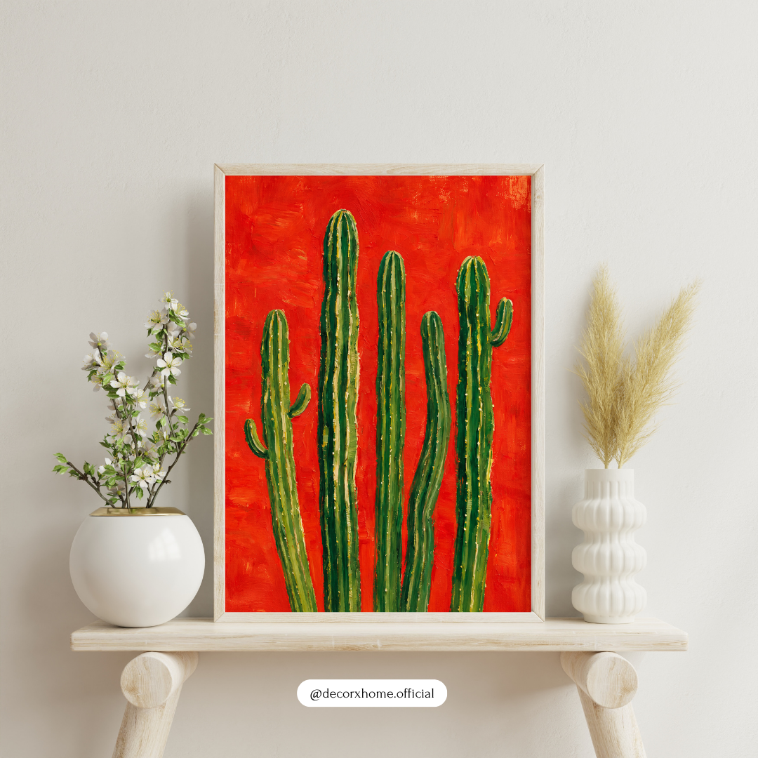 Green Cactus on Red Background Wall Art Poster | Modern Botanical Decor | Decorexhome