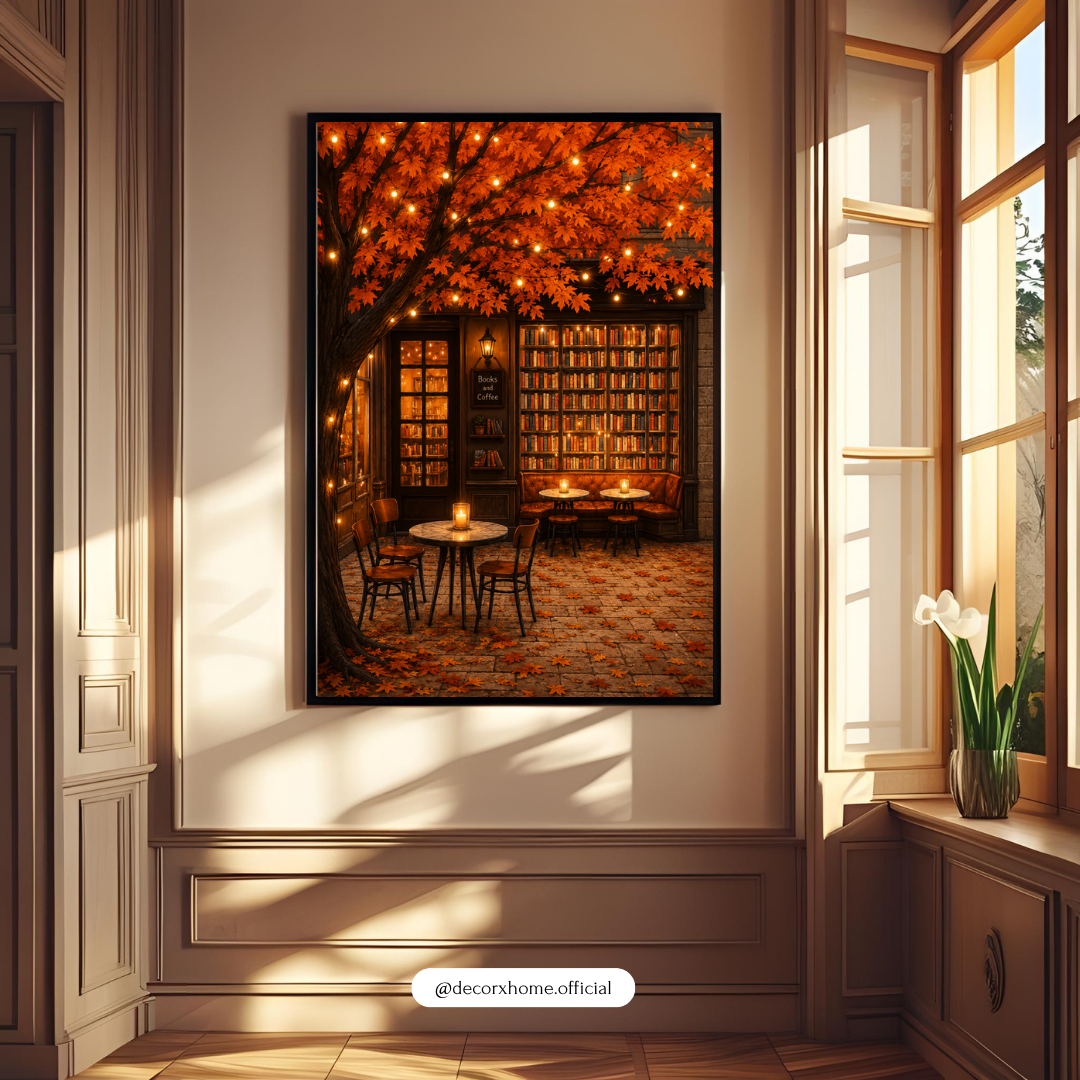 Autumn Book Café Poster – Cozy Literary Retreat Wall Art