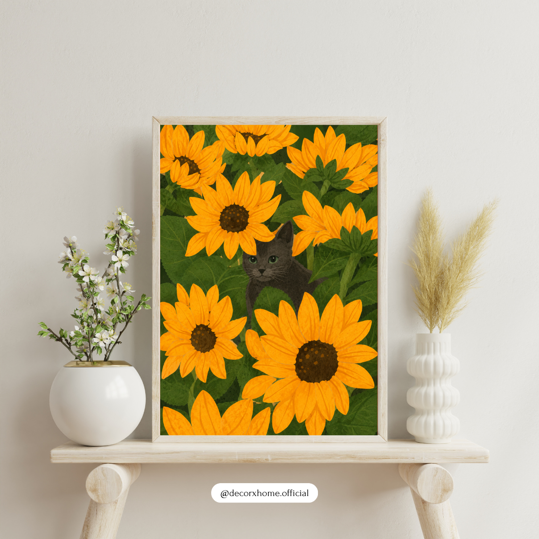 Decorxhome – Sunflower Cat Meadow Wall Art Poster