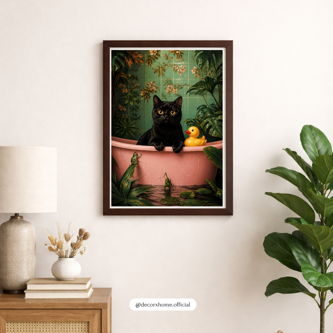 Whimsical Black Cat Bath Wall Art Poster | Cute Botanical Cat Artwork | Aesthetic Animal Print | Decorexhome