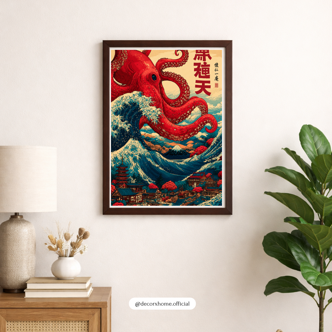 Crimson Octopus Wave – Japanese Ukiyo-E Inspired Wall Art Poster | DecorxHome