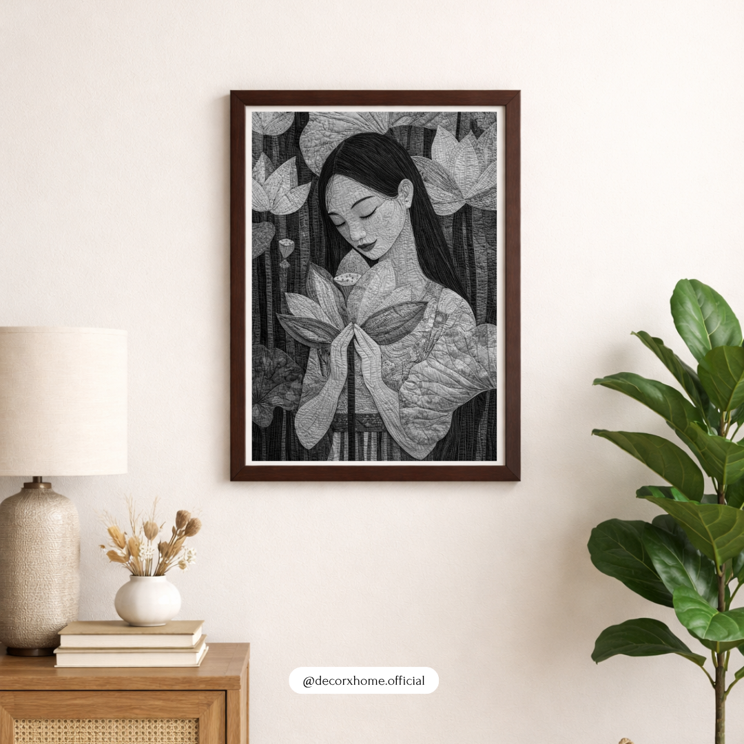 "Lotus Serenity – Artistic Wall Poster" 🌸 in Black & White Edition