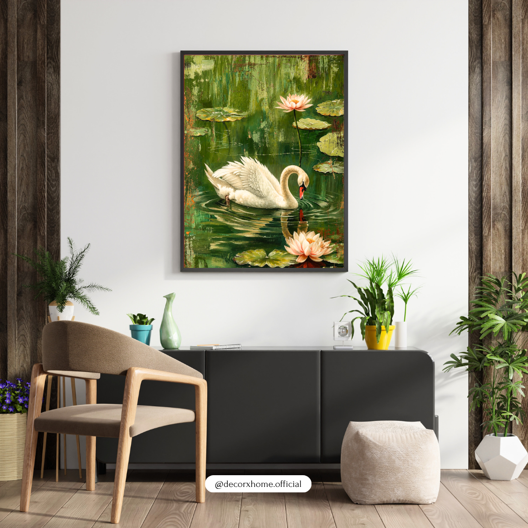 Elegant Swan & Lotus Pond Poster | Serene Nature Wall Art by DecorxHome