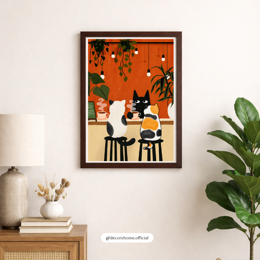 Cute Cat Café Wall Art Poster – Aesthetic Cartoon Animal Print | Cozy Kitchen & Living Room Decor (Framed)