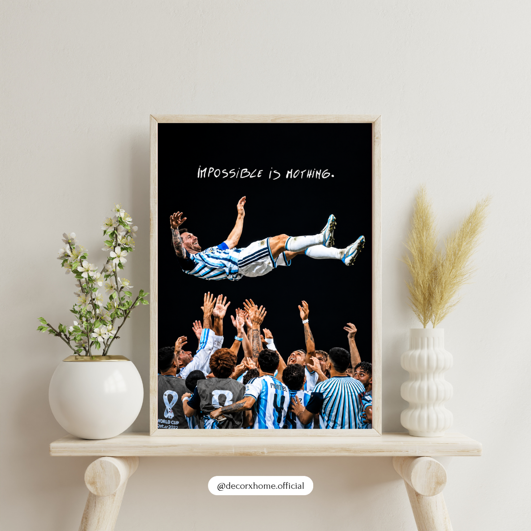 Lionel Messi “Impossible Is Nothing” Football Wall Art Poster – Argentina World Cup Celebration | Sports Room Decor