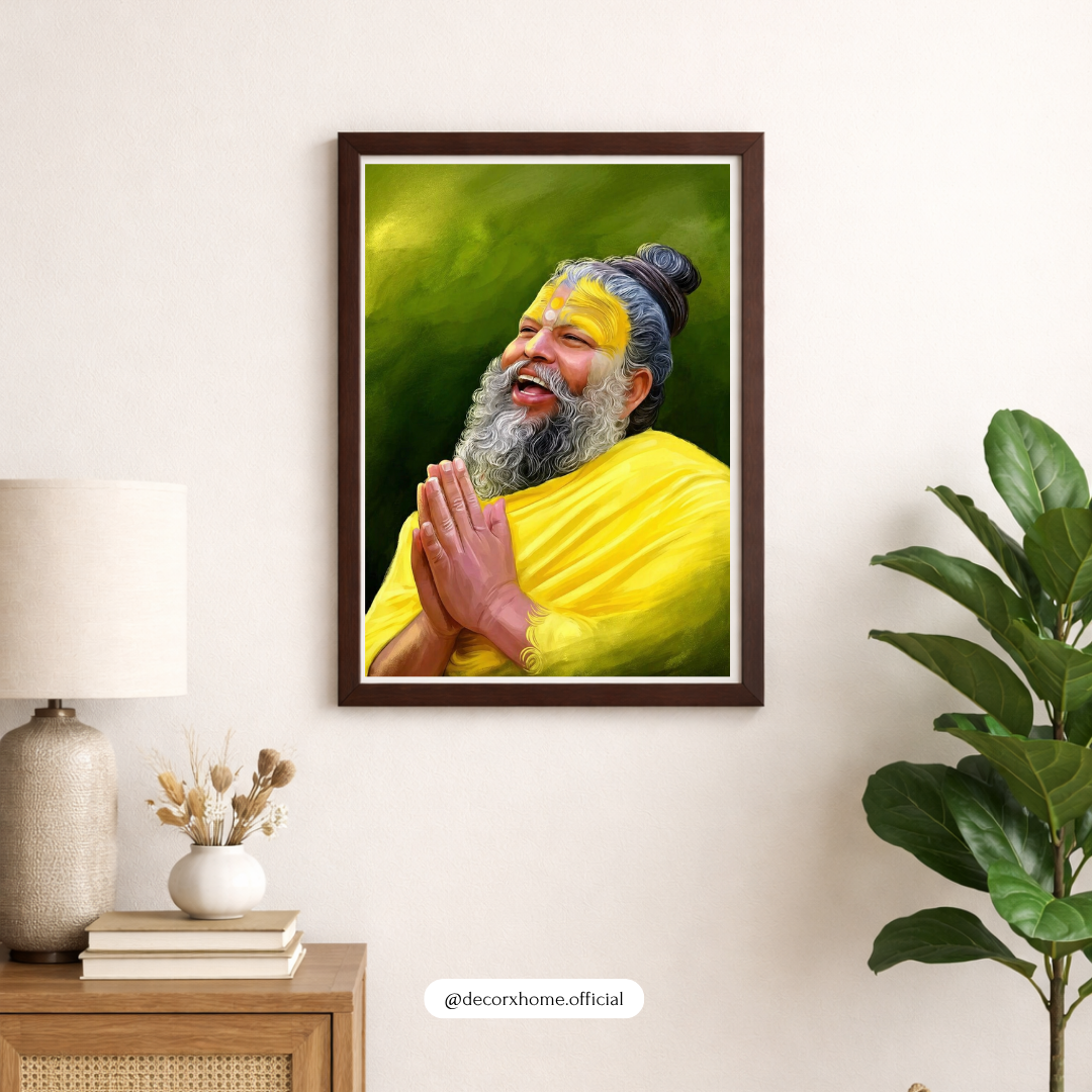Joyful Spiritual Guru Wall Art – Devotional Sage Portrait in Yellow Robes | Meditation & Positive Energy Poster for Home & Temple | Decorxhome