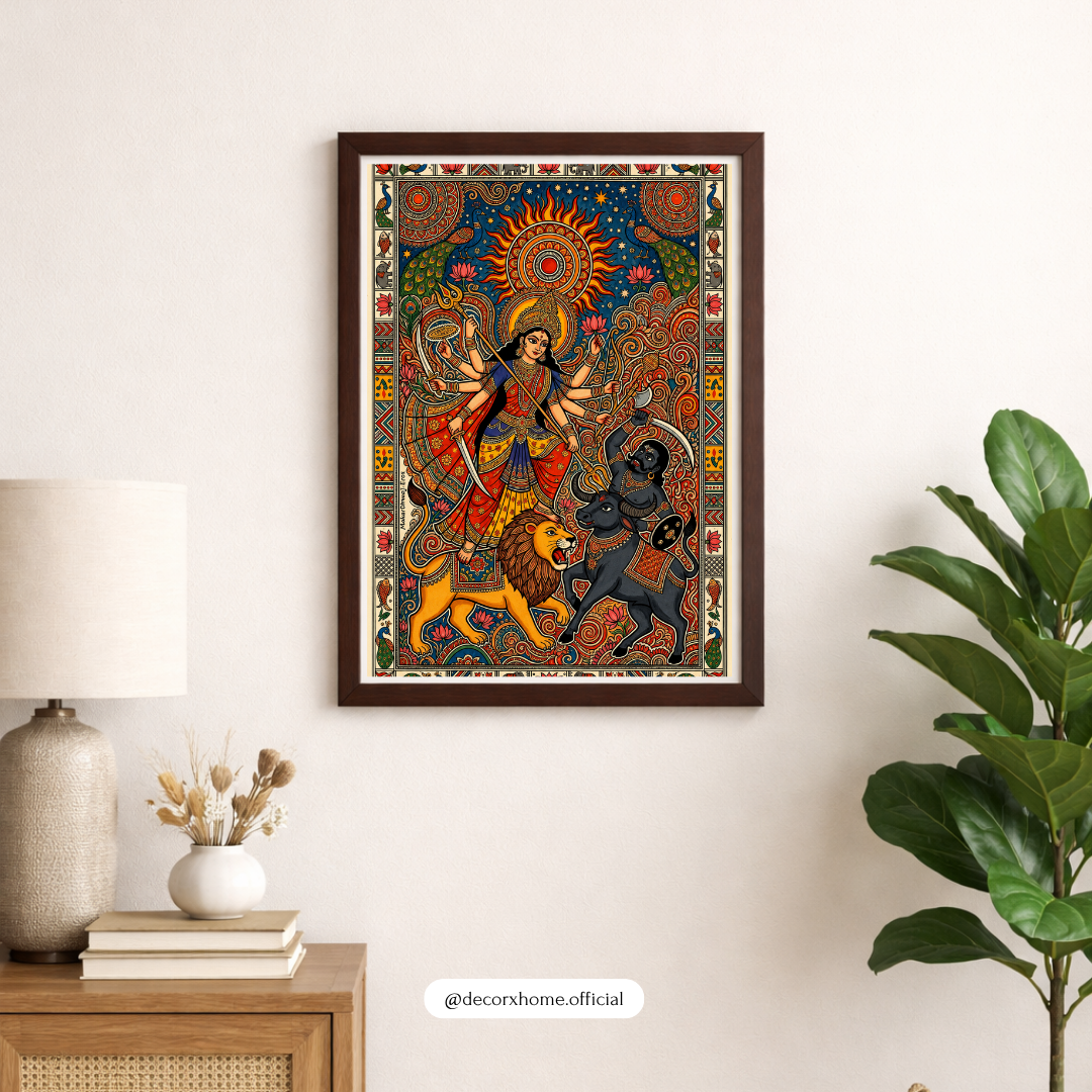 Goddess Durga Traditional Folk Art Wall Poster | Vibrant Indian Spiritual Decor