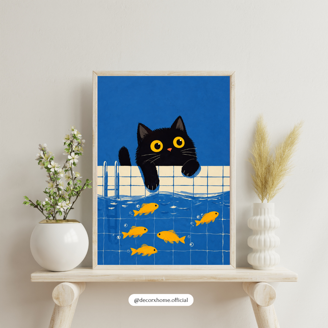 Black Cat Wall Art Poster | Cute Cat & Goldfish Illustration | Modern Animal Decor | Decorexhome