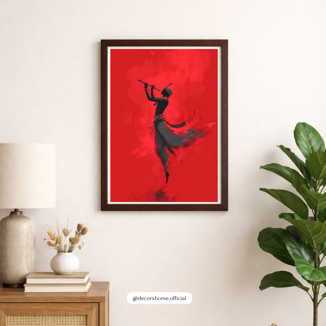 Crimson Flute Lord Krishna Wall Art | Indian Classical Silhouette Poster | Bold Red Artistic Decor | Decorxhome