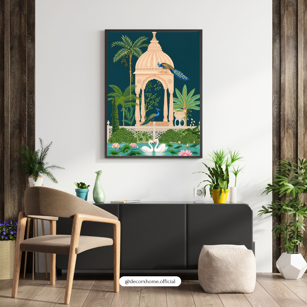DecorexHome Royal Peacock Garden Poster | Luxury Indian Palace Wall Art | Swan & Lotus Nature Artwork | Elegant Heritage Decor Print