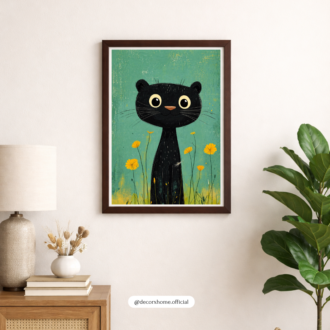 Cute Black Cat Wall Art Poster – Minimal Kids Room Decor | Aesthetic Animal Illustration (Framed Print)