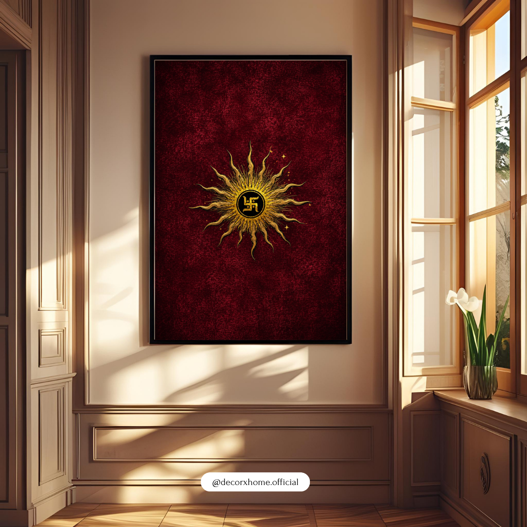 Sacred Golden Sun Swastika Poster | Auspicious Hindu Spiritual Wall Art on Crimson Red Background | Decorxhome