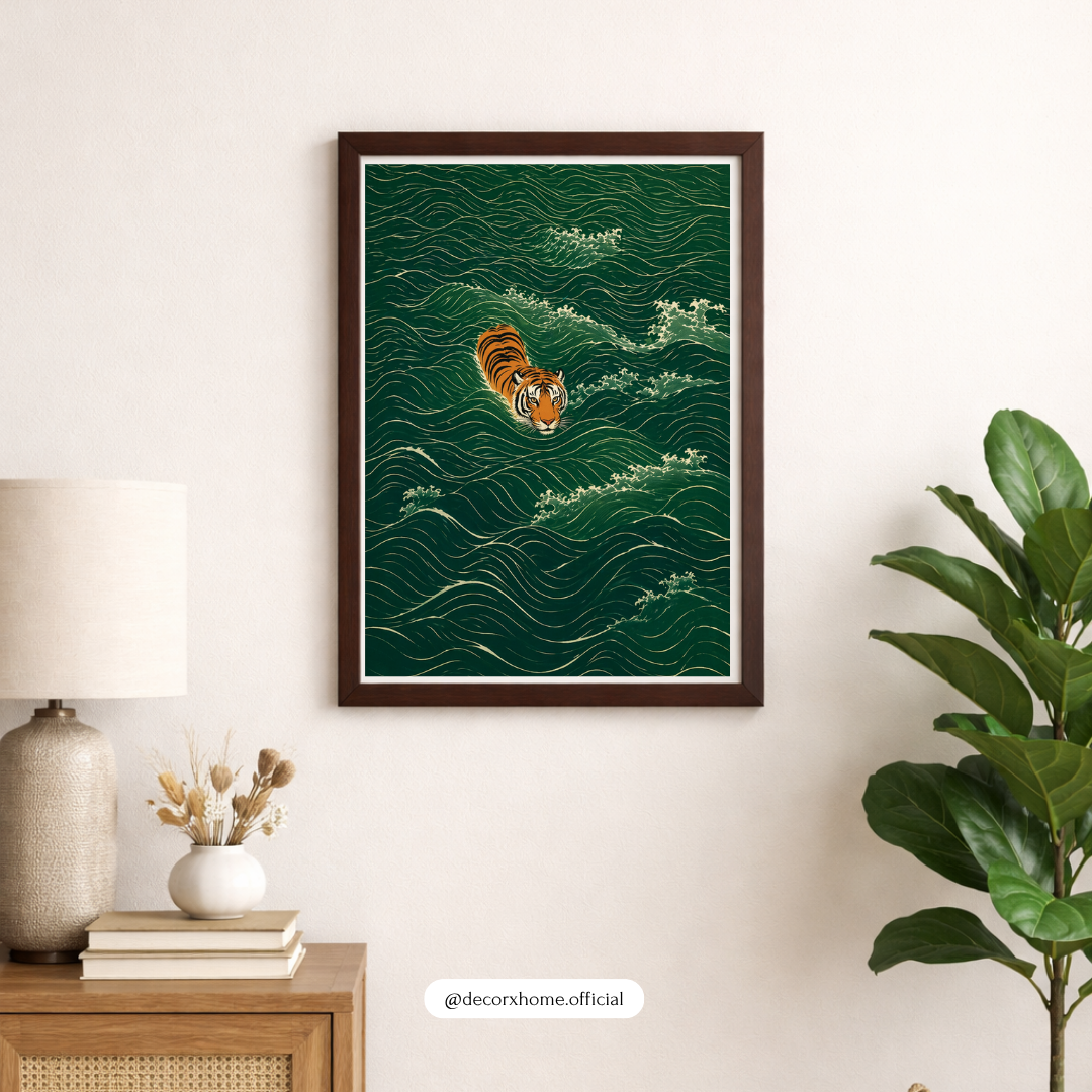 Tiger in Emerald Waves – Minimal Ocean Aesthetic Wall Art Poster | DecorxHome