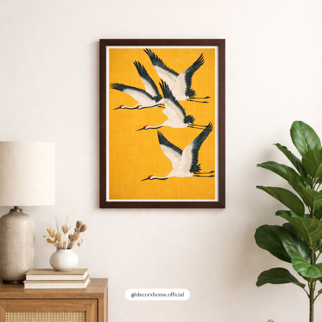 Golden Crane Flight Wall Art | Japanese Minimalist Bird Poster | Vibrant Yellow Nature Decor | Decorxhome