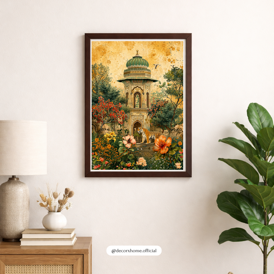 Royal Garden Pavilion with Tiger – Vintage Palace Floral Wall Art Poster | DecorxHome