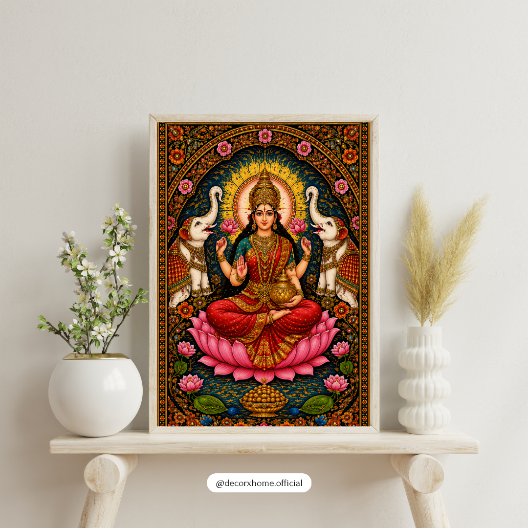 Goddess Lakshmi with Elephants Poster | Traditional Indian Goddess Wall Art | Lakshmi Devi Spiritual Decor | Decorexhome  Product Des