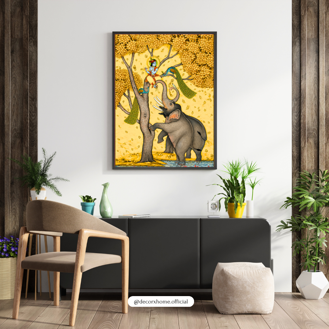 Krishna and the Elephant Poster | Traditional Indian Mythology Wall Art by DecorxHome
