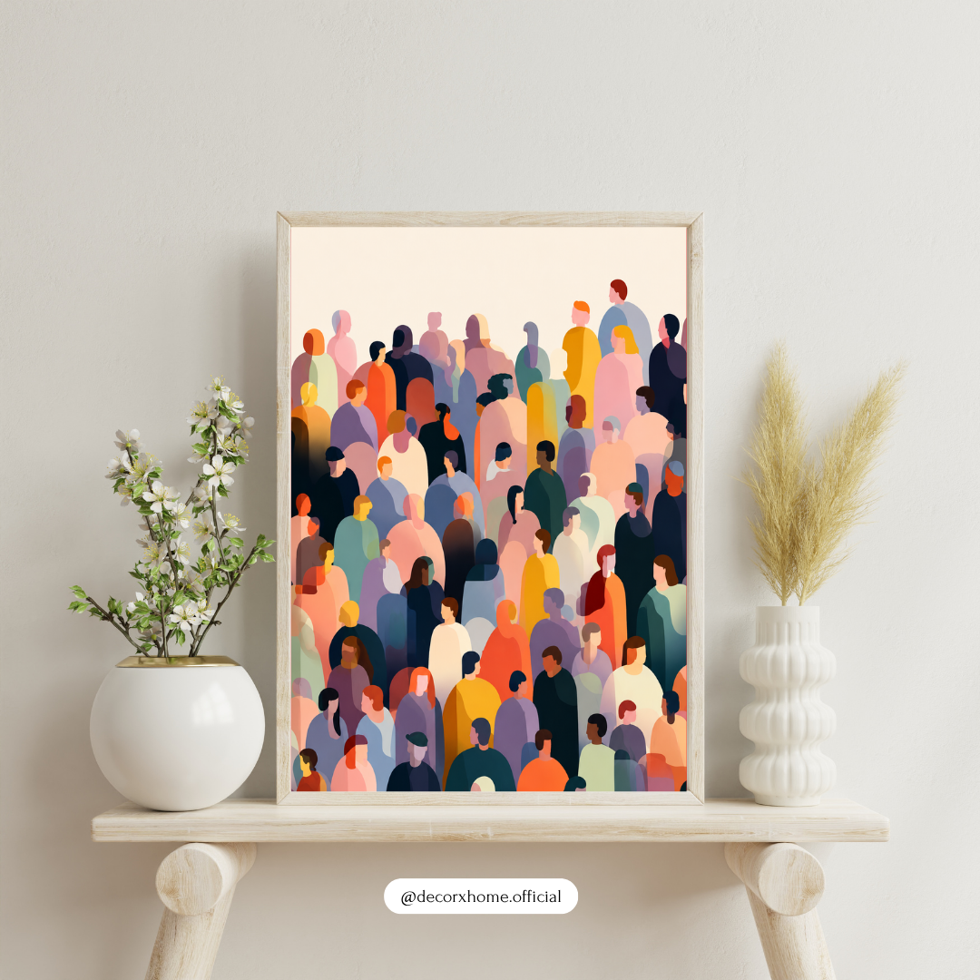 Human Connection Abstract Wall Art – Colorful Crowd Illustration Poster