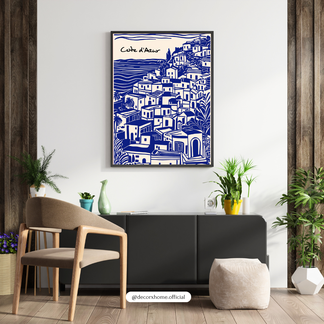DecorexHome Côte d’Azur Coastal Village Poster | Blue & White Mediterranean Wall Art | Minimal European Travel Artwork | Modern Aesthetic Print