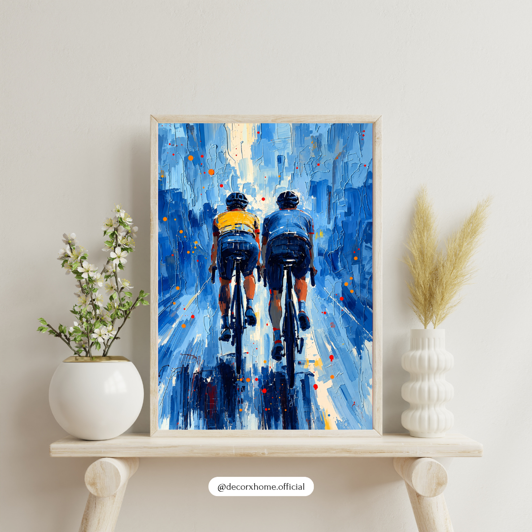 Cycling Duo Poster – Blue Abstract Cycling Sports Wall Art