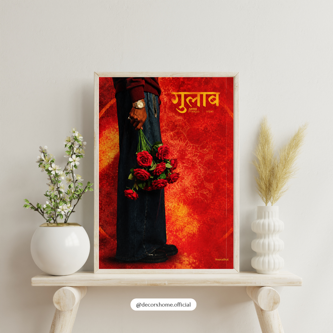Gulab Romantic Hindi Typography Wall Art | Red Roses & Love Poster | Modern Indian Art | Decorxhome
