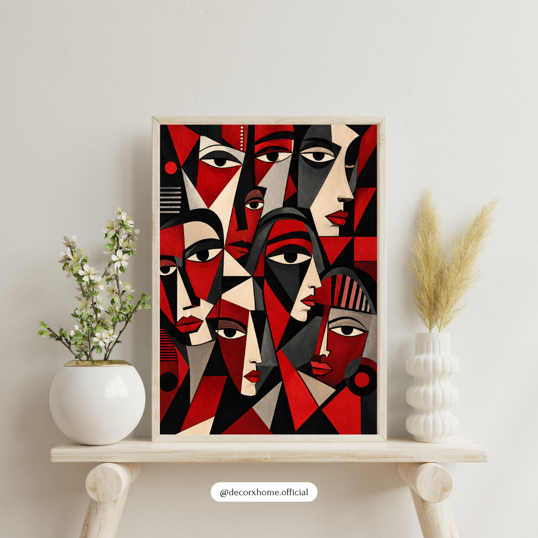 Abstract Cubist Faces Wall Art Poster | Red & Black Geometric Modern Art – Decorxhome