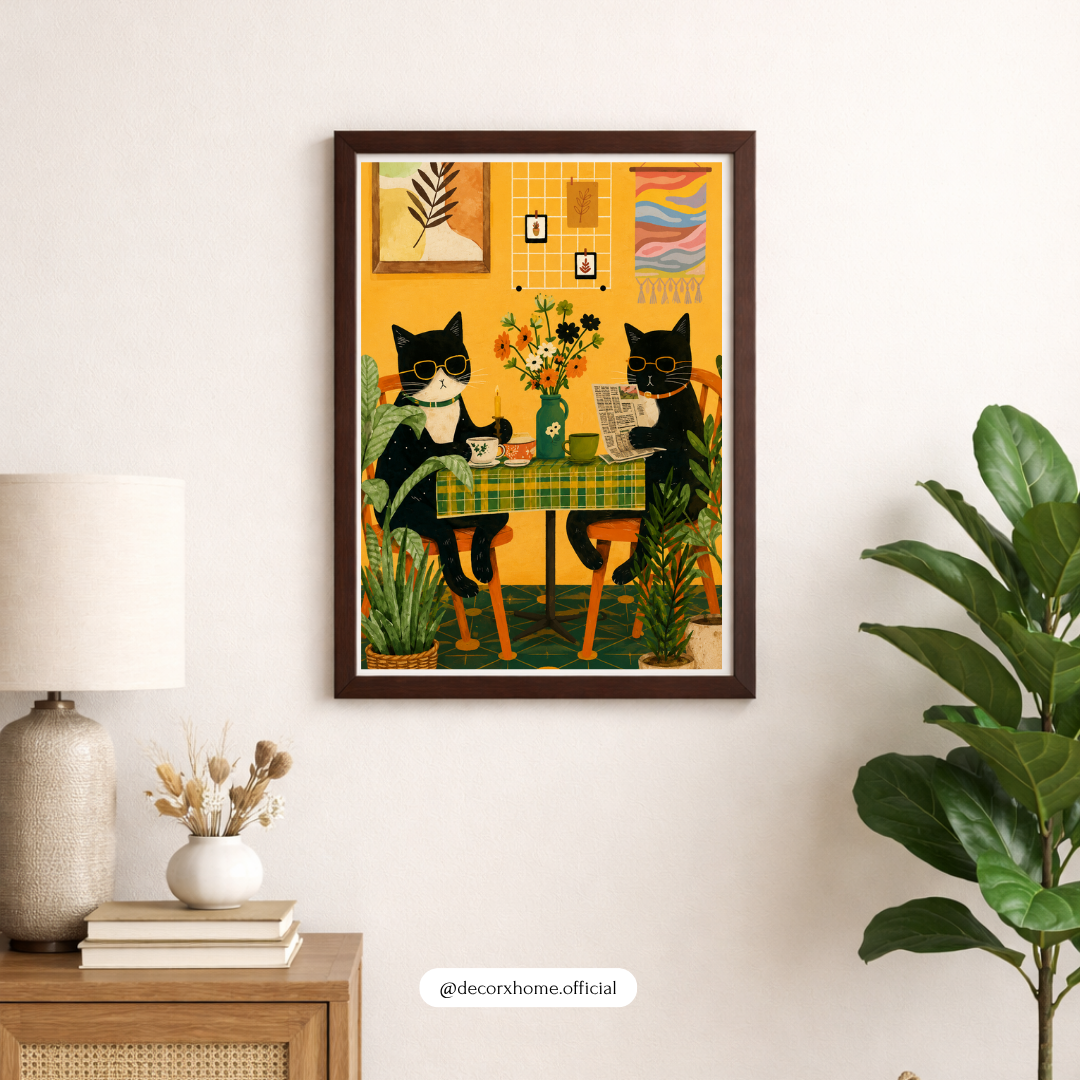 Cozy Café Cats Wall Art Poster | Cute Cat Kitchen & Coffee Artwork | Whimsical Boho Animal Print | Decorexhome