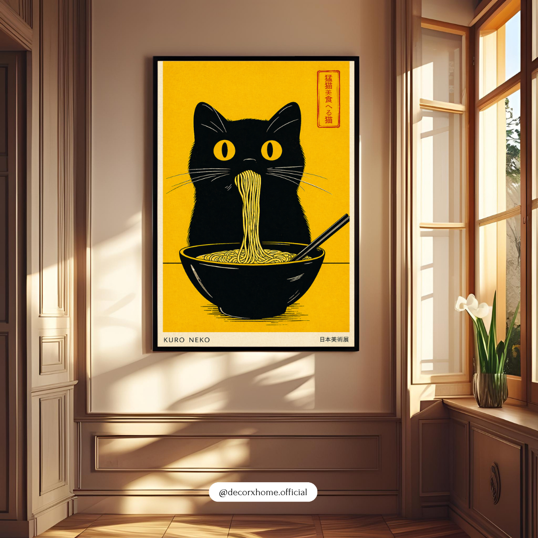 Ramen Cat Wall Art Poster – Japanese Style Funny Cat Print | Minimal Food Aesthetic Decor (Framed)