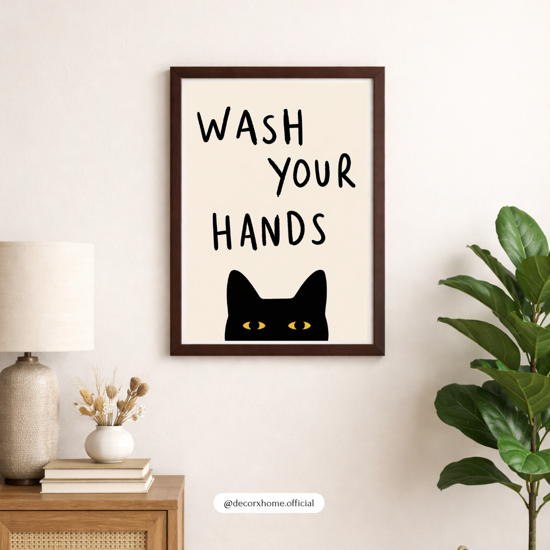 “Wash Your Hands” Cat Wall Art Poster – Funny Minimal Bathroom Decor | Cute Black Cat Print (Framed)