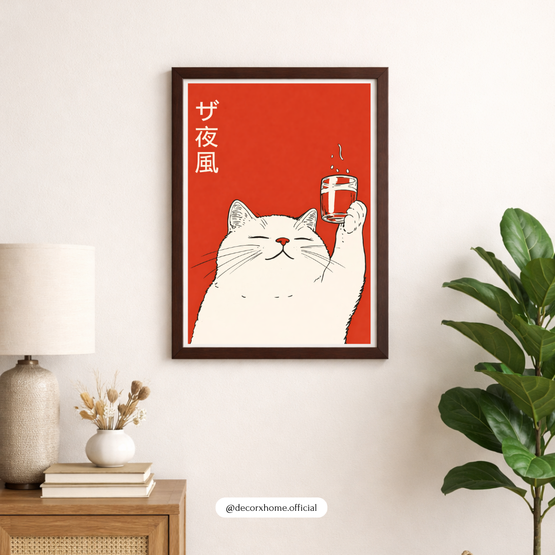 Minimalist Japanese Cat Cheers Poster | Cute Anime Style Wall Art | Decorxhome