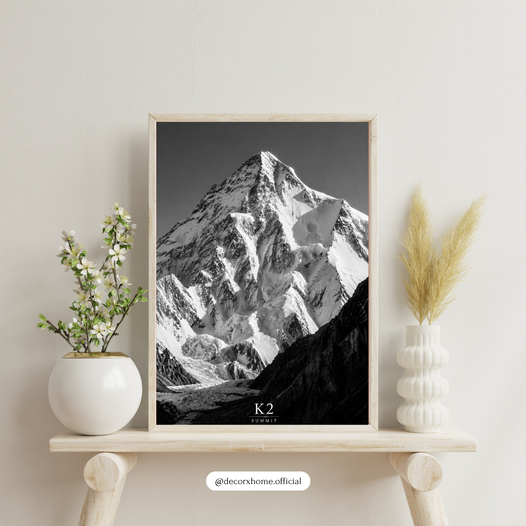 K2 Summit Mountain Poster | Black & White Himalayan Wall Art | DecorexHome