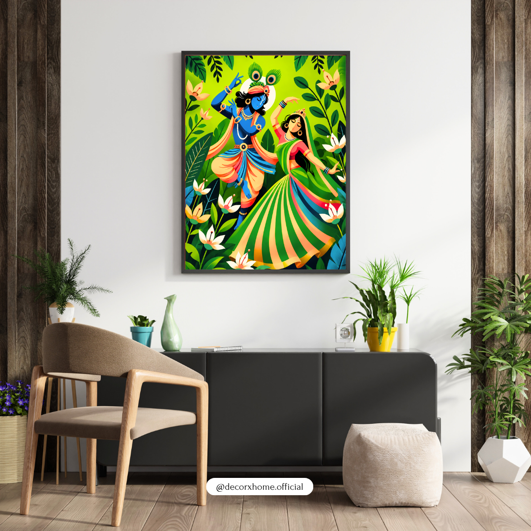 Radha Krishna Divine Dance Poster | Vibrant Spiritual Indian Wall Art by DecorxHome