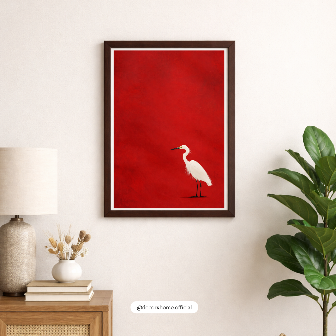 Minimalist White Heron Wall Art Poster – Bold Red Background Modern Bird Illustration | Decorxhome