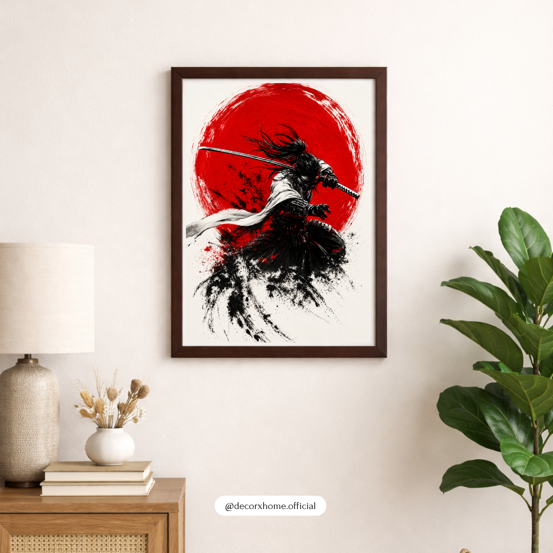 Crimson Eclipse Samurai Poster – Japanese Ink Art Wall Decor