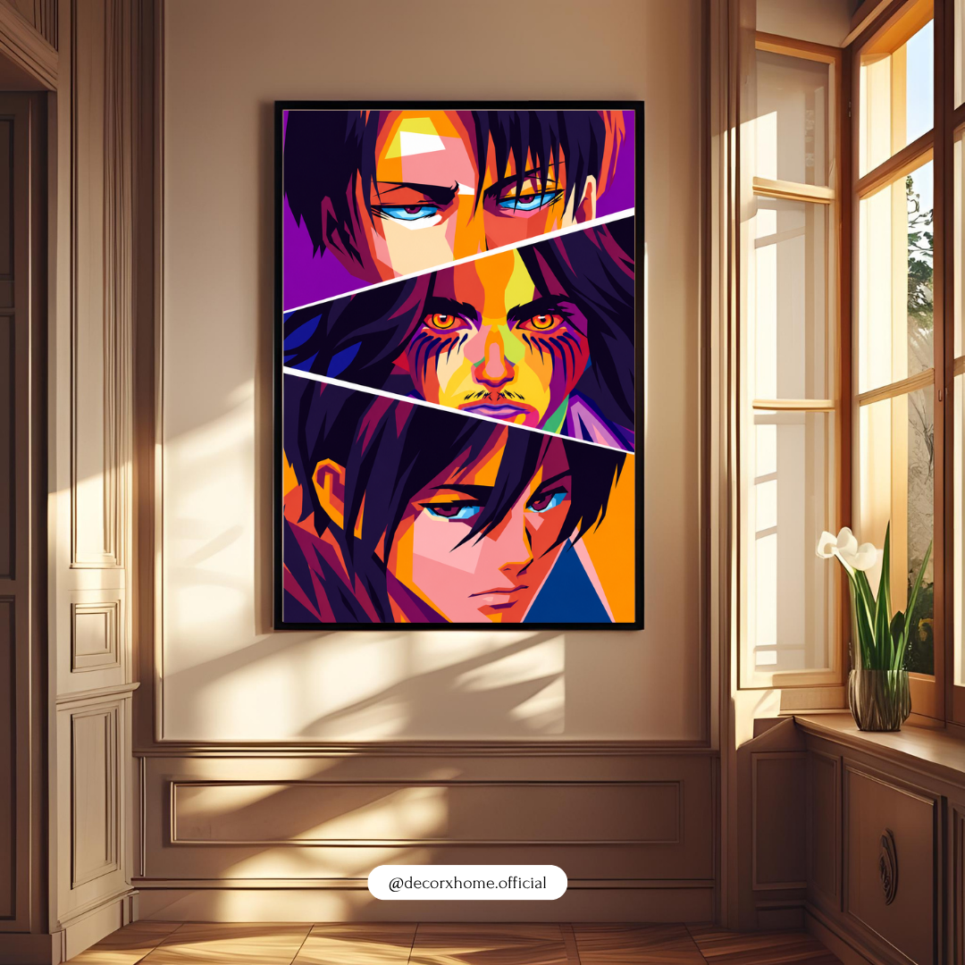 Attack on Titan Levi, Eren & Titan Pop Art Poster | Vibrant Anime Wall Art Print | Decorxhome
