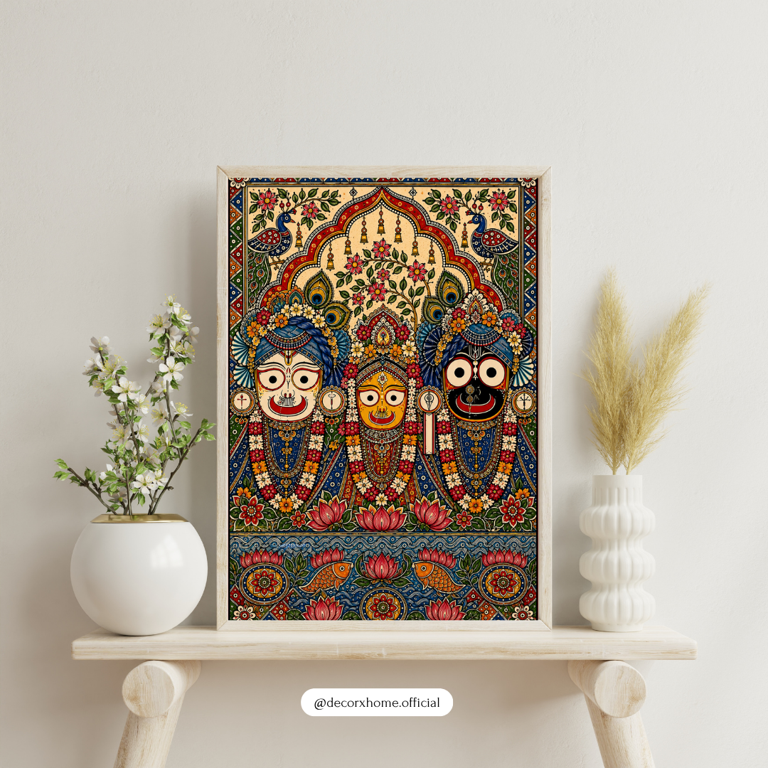 Jagannath Balabhadra Subhadra Poster | Traditional Indian Folk Art Wall Decor | Puri Jagannath Spiritual Art | Decorexhome