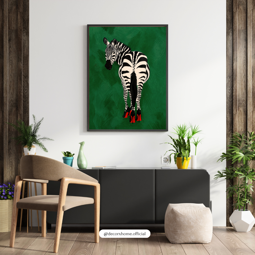 Fashion Zebra Wall Poster | Modern Animal Art with Red Heels by DecorxHome