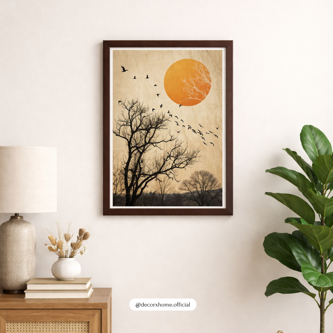 Sunset Tree Silhouette Wall Art Poster – Minimalist Nature Landscape with Birds | Decorxhome