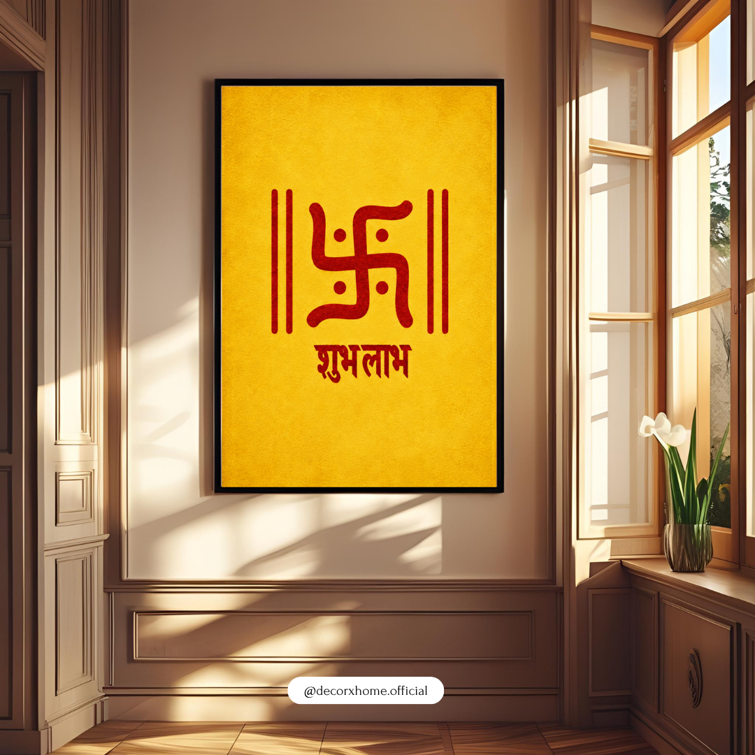 Shubh Labh Swastika Poster | Auspicious Hindu Symbol Wall Art for Home Entrance & Pooja Room | Decorxhome