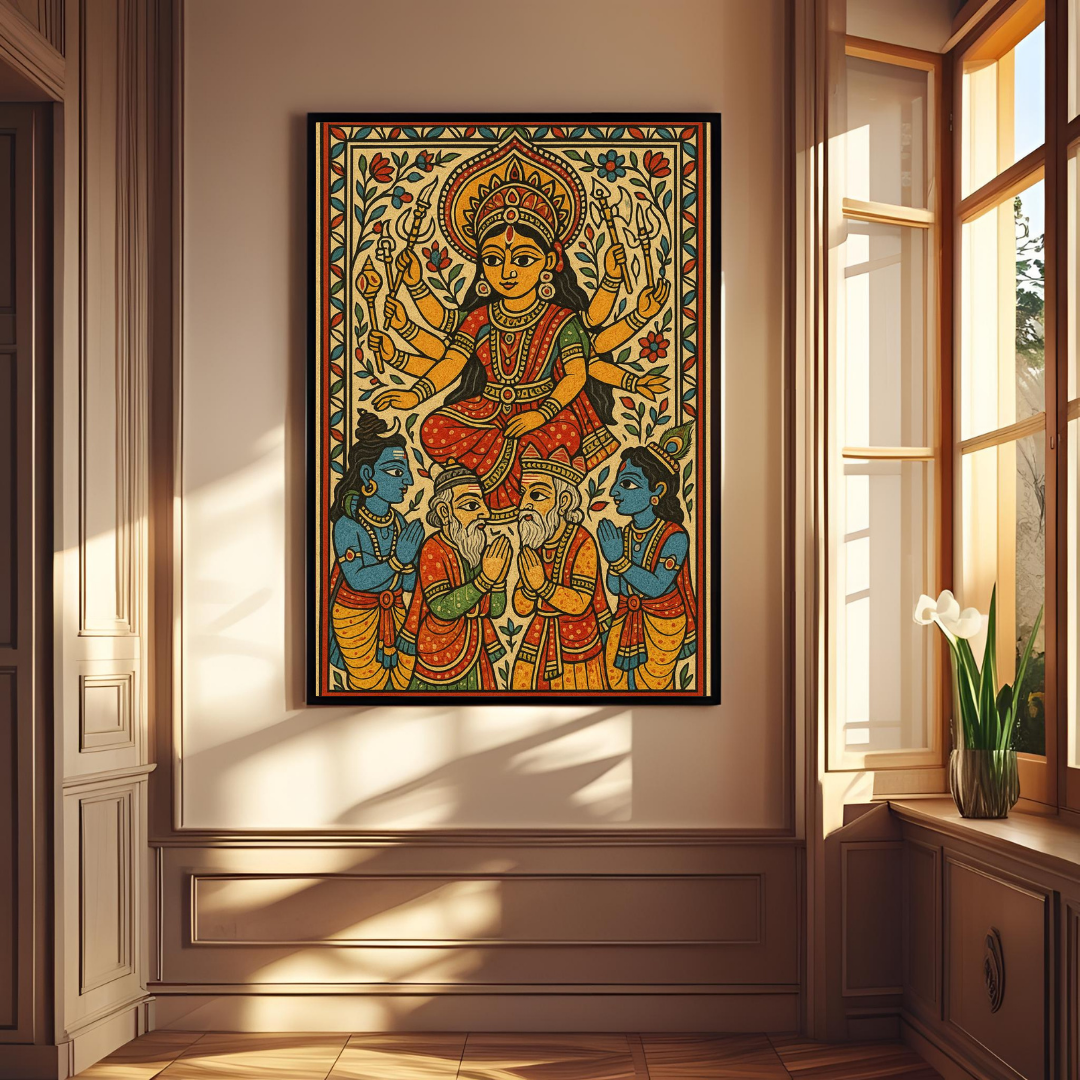 Maa Durga Blessing Poster – Traditional Indian Folk Art Wall Décor 🙏✨