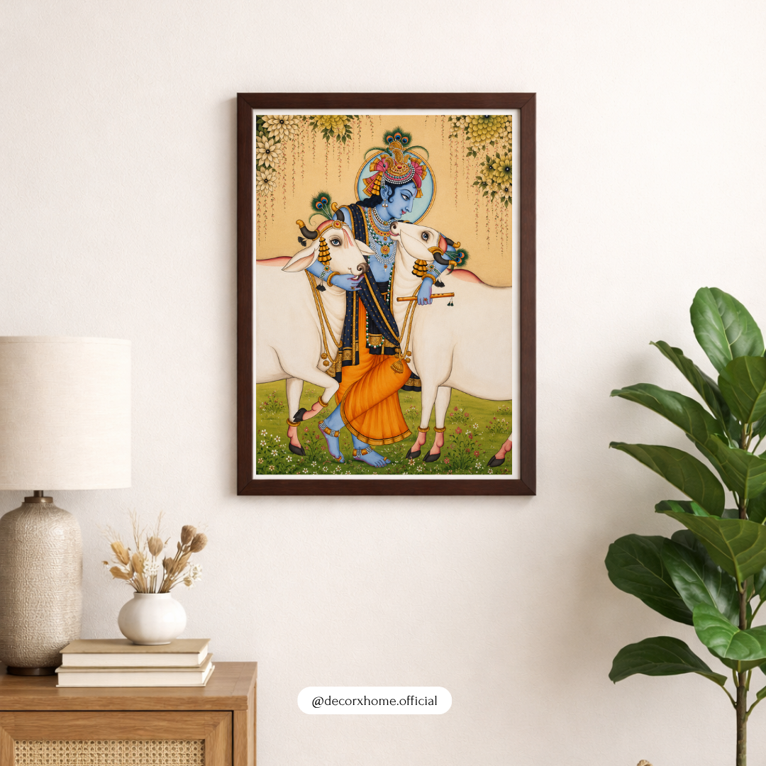Lord Krishna with Cows Wall Art Poster | Traditional Indian Spiritual Artwork | Divine Hindu Aesthetic Print | Decorexhome