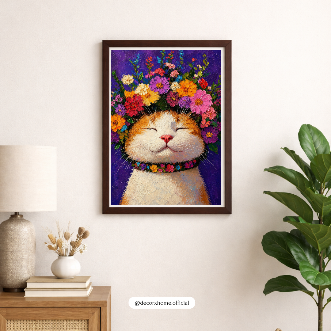 Decorexhome Floral Cat Bliss Wall Art Poster | Cute Whimsical Pet Canvas Print | Colorful Animal Home Decor