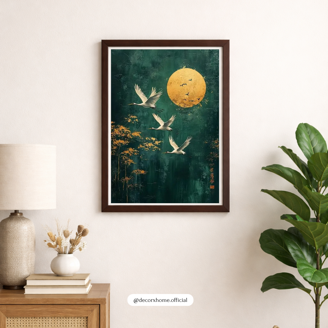 Golden Moon & Flying Cranes Wall Art | Japanese-Inspired Nature Poster | Elegant Minimal Decor | Decorxhome