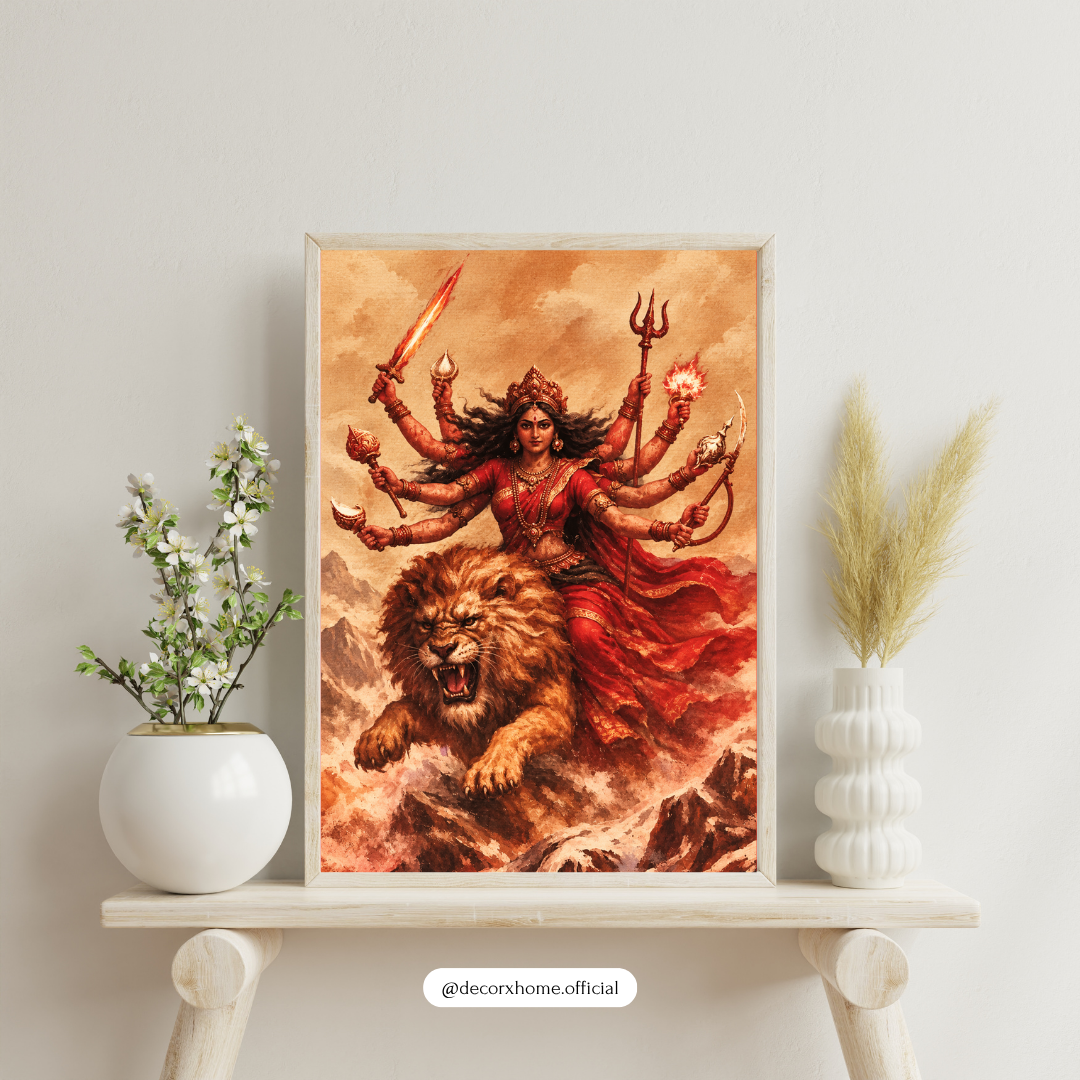 Goddess Durga with Lion Wall Art | Maa Durga Poster & Framed Artwork