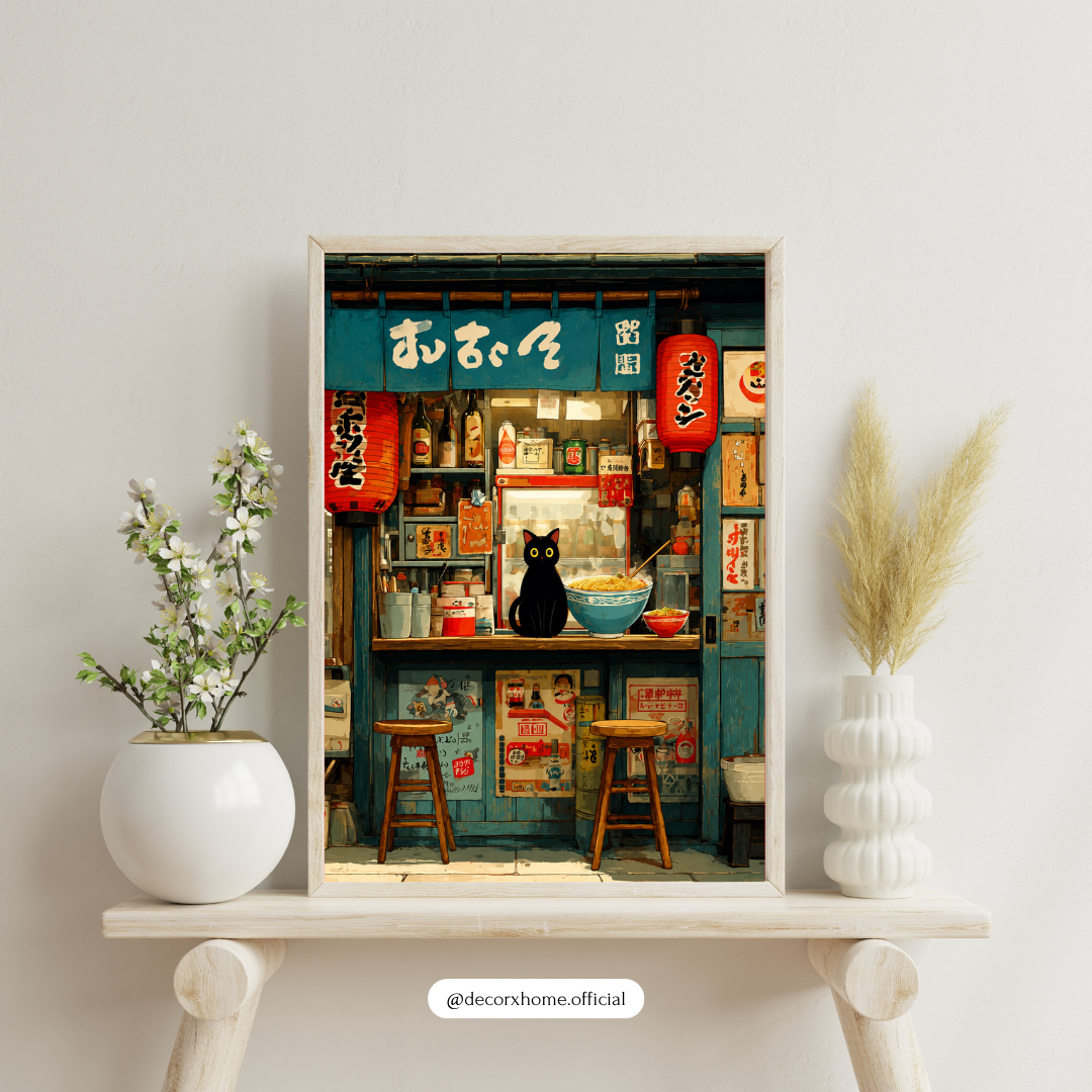 Japanese Ramen Shop & Black Cat Aesthetic Wall Art
