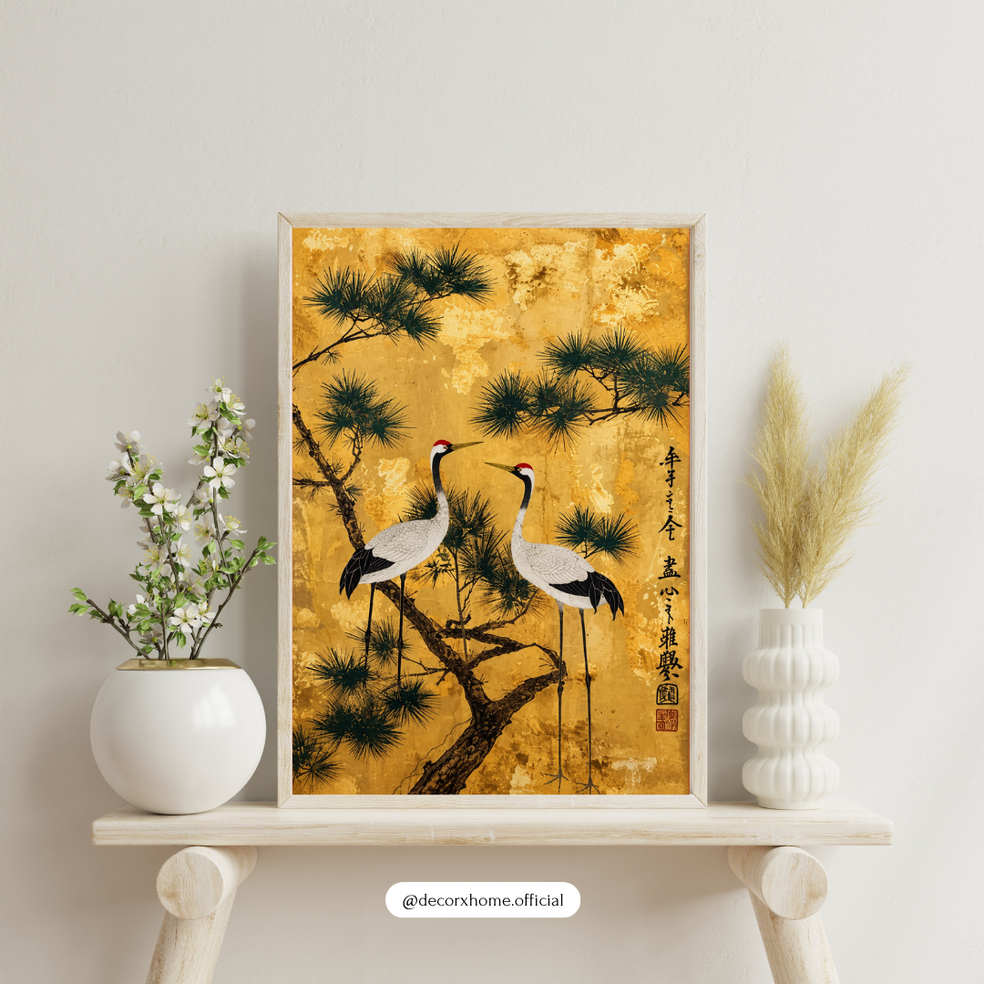 Japanese Cranes & Pine Tree Gold Wall Art – Elegant Japandi Nature Poster | Decorxhome