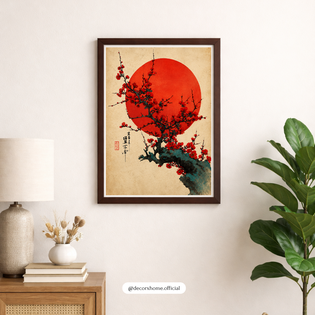 Japanese Cherry Blossom & Rising Sun Wall Art Poster | Traditional Sakura Zen Decor