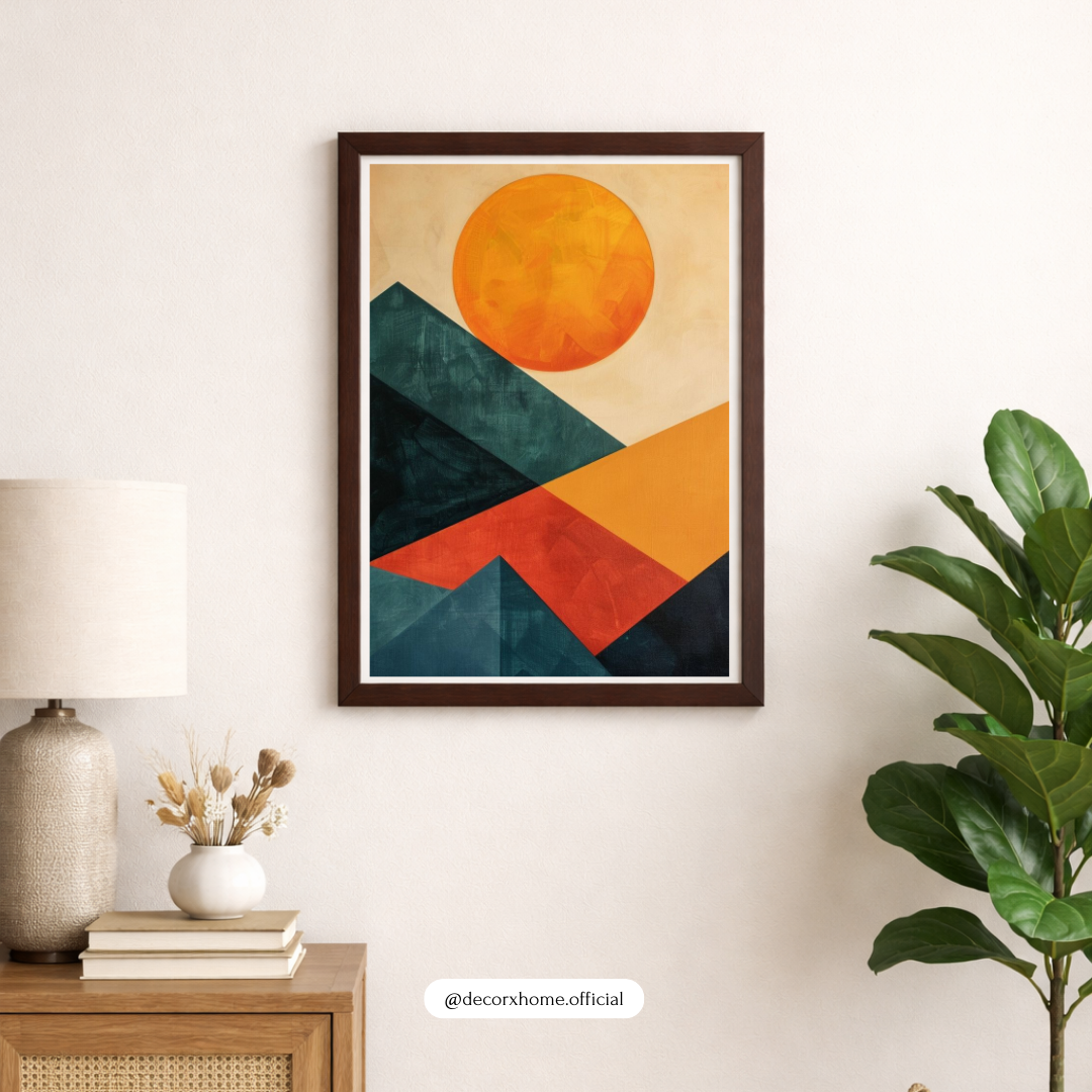 Abstract Geometric Sun & Mountains Wall Art Poster – Modern Landscape Illustration | Decorxhome